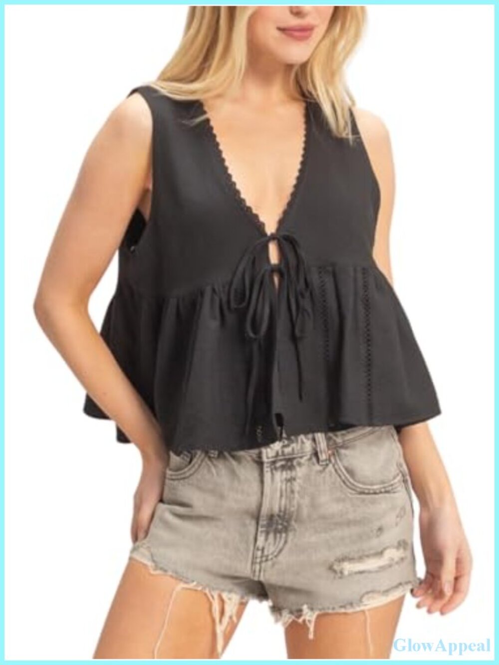 Women's Lace Trim Tie Front Tank Top Sleeveless Peplum Blouse Boho Summer Cami